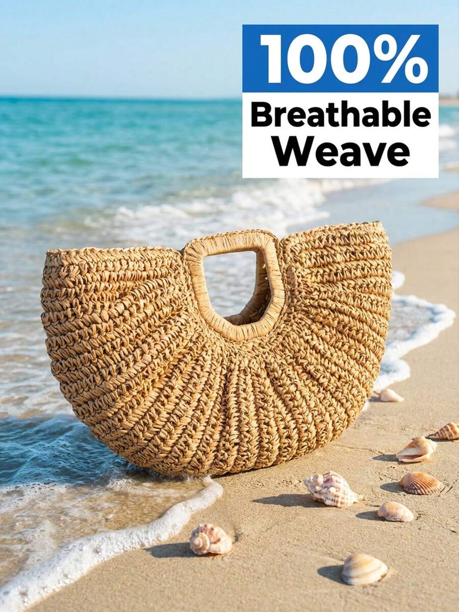 1pc Half-Moon Cloud Straw Woven Bag, Large Capacity Hollow Dual-Use Tote Crossbody For Summer Beach Vacation Gift Bolsos Para Mujer