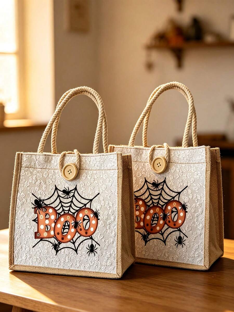 1pc Halloween Printed Linen Tote Bag, Reusable Printed Women's Handbag, Dual Handle Shopping Bag, Large Capacity Shoulder Bag, Casual Tote, Halloween Storage Bag, Suitable For Commuting, School And Sh