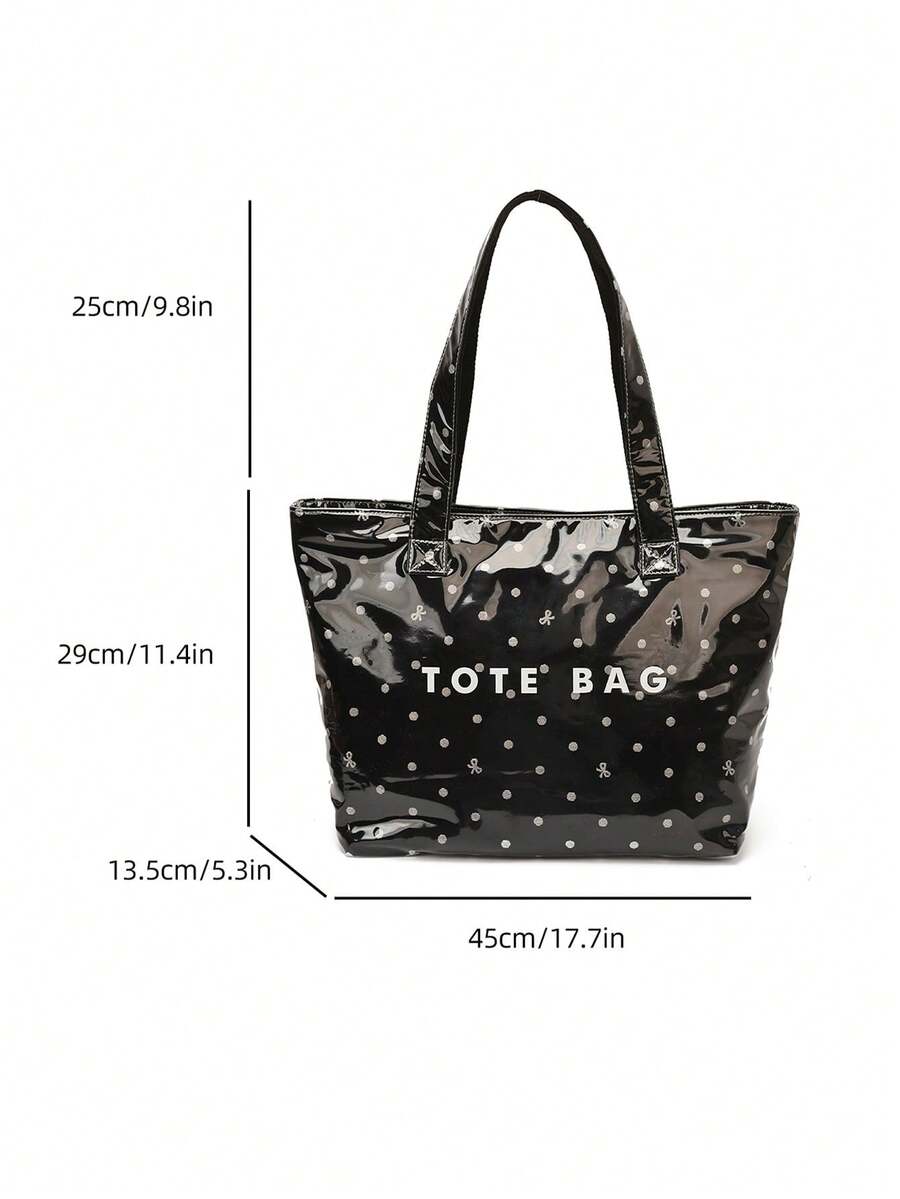 Fashion Polka Dot Bow Print PVC Tote Bag, Large Capacity Letter Shoulder Handbag, Suitable For Work, School, Shopping, Commuting And Travel; Lightweight Versatile Stain-Resistant Easy To Clean Daily S