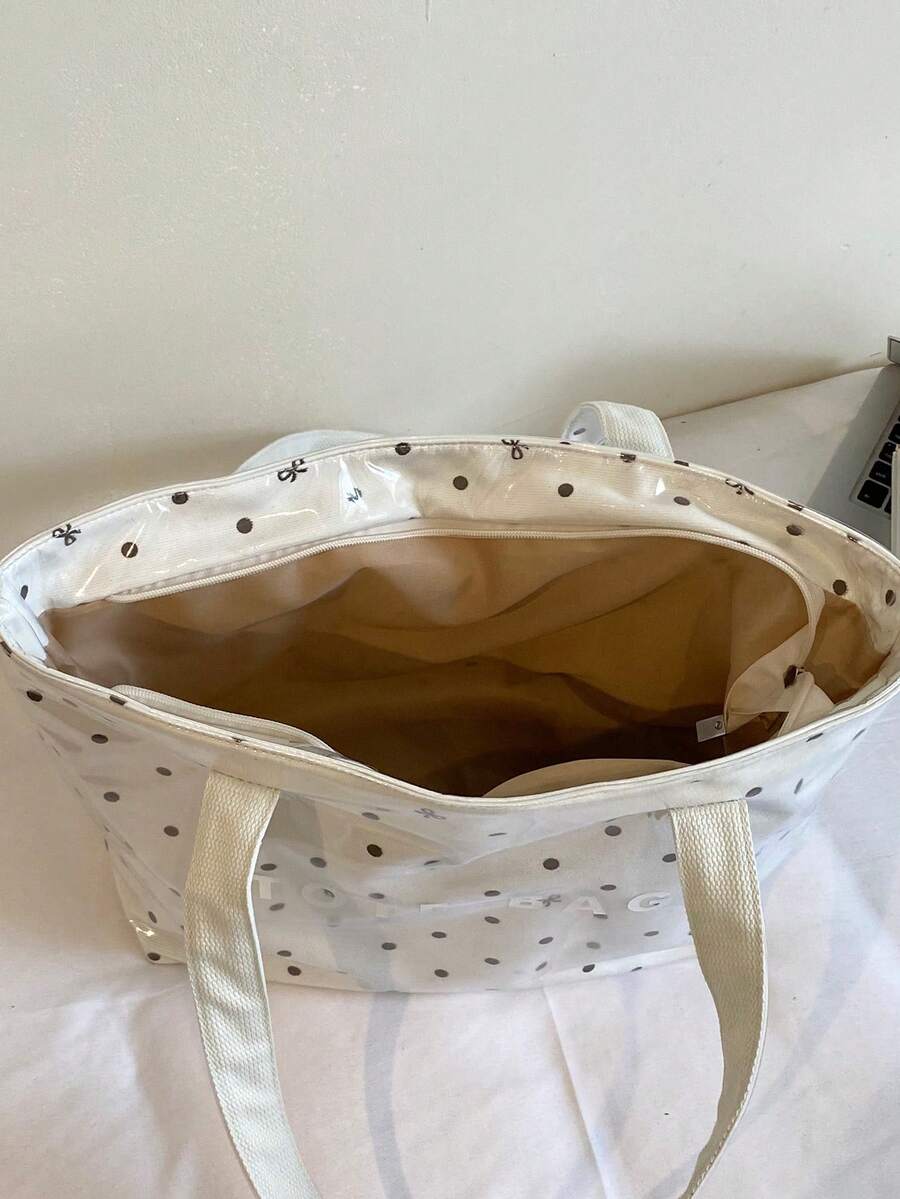 Fashion Polka Dot Bow Print PVC Tote Bag, Large Capacity Letter Shoulder Handbag, Suitable For Work, School, Shopping, Commuting And Travel; Lightweight Versatile Stain-Resistant Easy To Clean Daily S