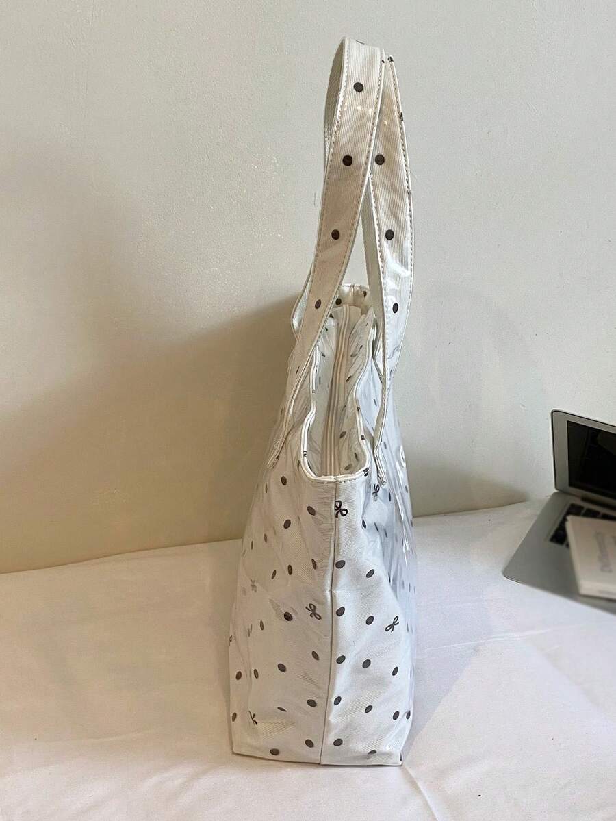 Fashion Polka Dot Bow Print PVC Tote Bag, Large Capacity Letter Shoulder Handbag, Suitable For Work, School, Shopping, Commuting And Travel; Lightweight Versatile Stain-Resistant Easy To Clean Daily S
