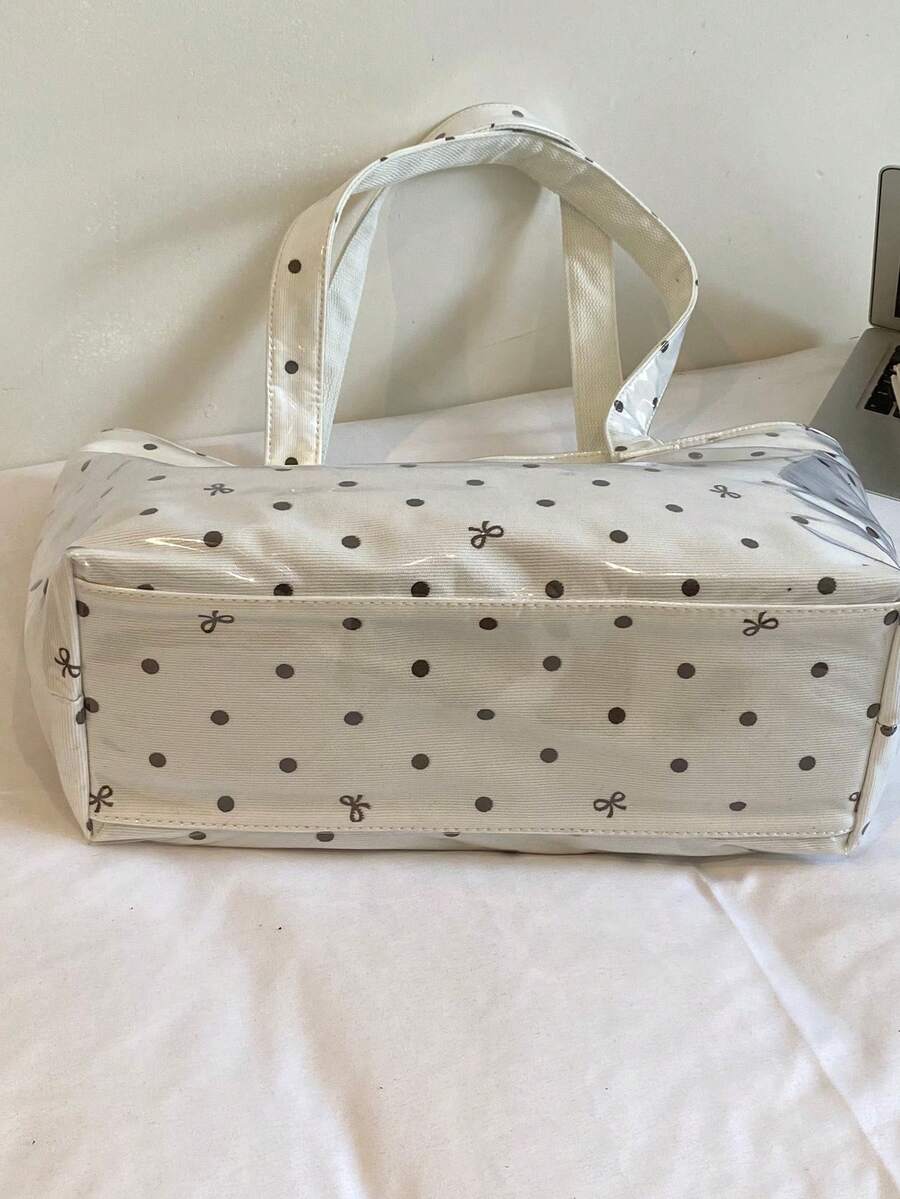 Fashion Polka Dot Bow Print PVC Tote Bag, Large Capacity Letter Shoulder Handbag, Suitable For Work, School, Shopping, Commuting And Travel; Lightweight Versatile Stain-Resistant Easy To Clean Daily S