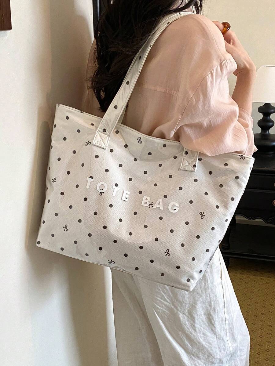Fashion Polka Dot Bow Print PVC Tote Bag, Large Capacity Letter Shoulder Handbag, Suitable For Work, School, Shopping, Commuting And Travel; Lightweight Versatile Stain-Resistant Easy To Clean Daily S