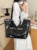 Fashion Polka Dot Bow Print PVC Tote Bag, Large Capacity Letter Shoulder Handbag