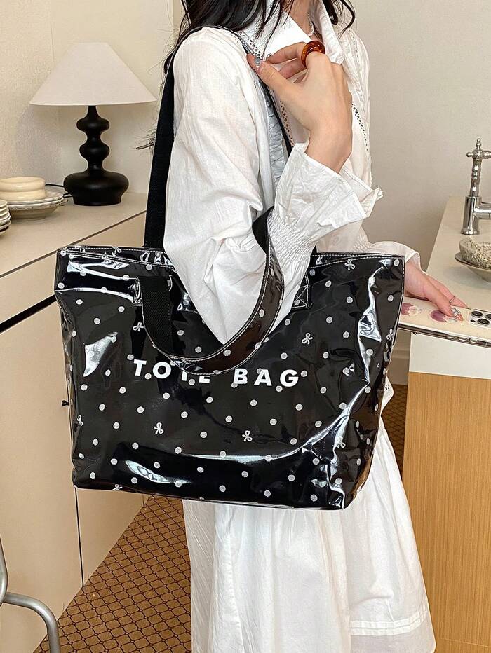 Fashion Polka Dot Bow Print PVC Tote Bag, Large Capacity Letter Shoulder Handbag