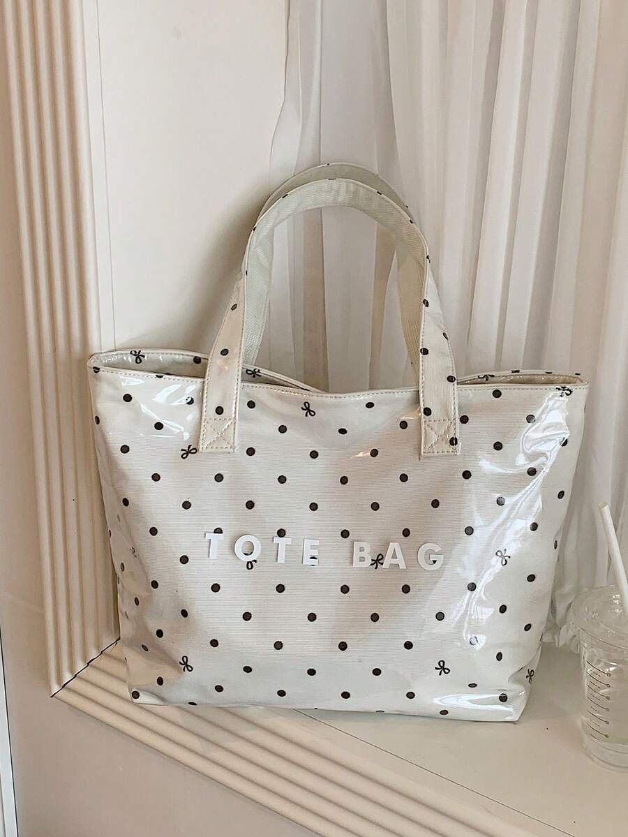 Fashion Polka Dot Bow Print PVC Tote Bag, Large Capacity Letter Shoulder Handbag, Suitable For Work, School, Shopping, Commuting And Travel; Lightweight Versatile Stain-Resistant Easy To Clean Daily S