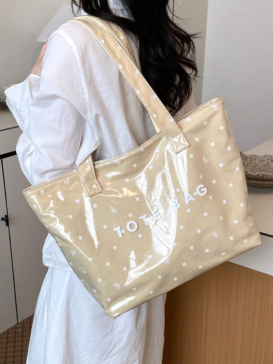 Fashion Polka Dot Bow Print PVC Tote Bag, Large Capacity Letter Shoulder Handbag, Suitable For Work, School, Shopping, Commuting And Travel; Lightweight Versatile Stain-Resistant Easy To Clean Daily S