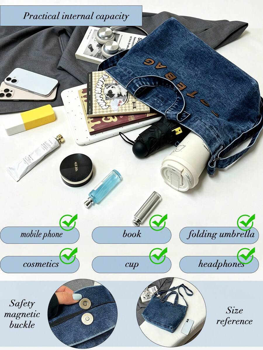 Casual Chic Washed Denim Tote Bag Fashionable Handbag For Women Large Capacity Shoulder Bag Perfect For Work Commute Shopping Travel And School