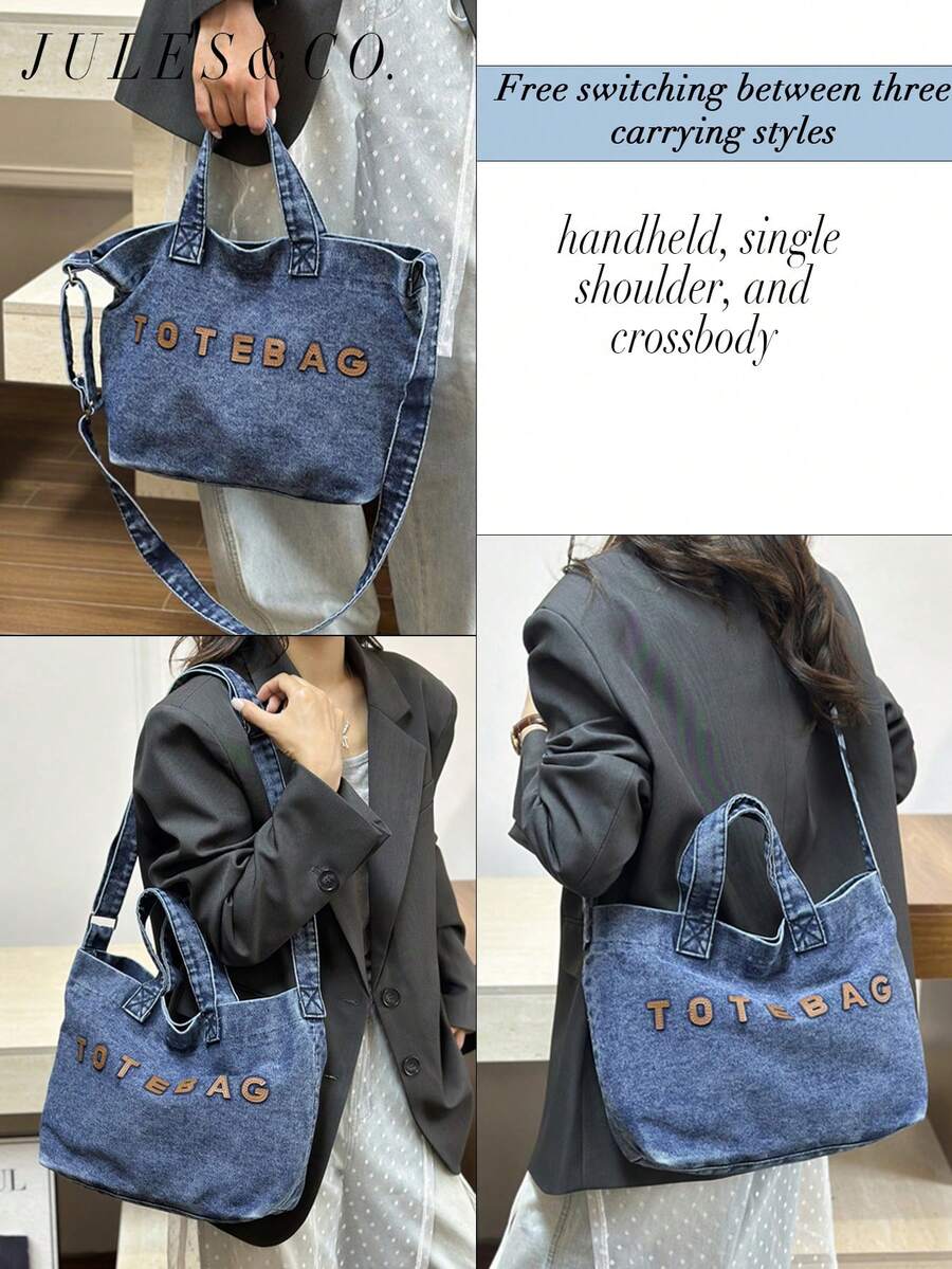 Casual Chic Washed Denim Tote Bag Fashionable Handbag For Women Large Capacity Shoulder Bag Perfect For Work Commute Shopping Travel And School