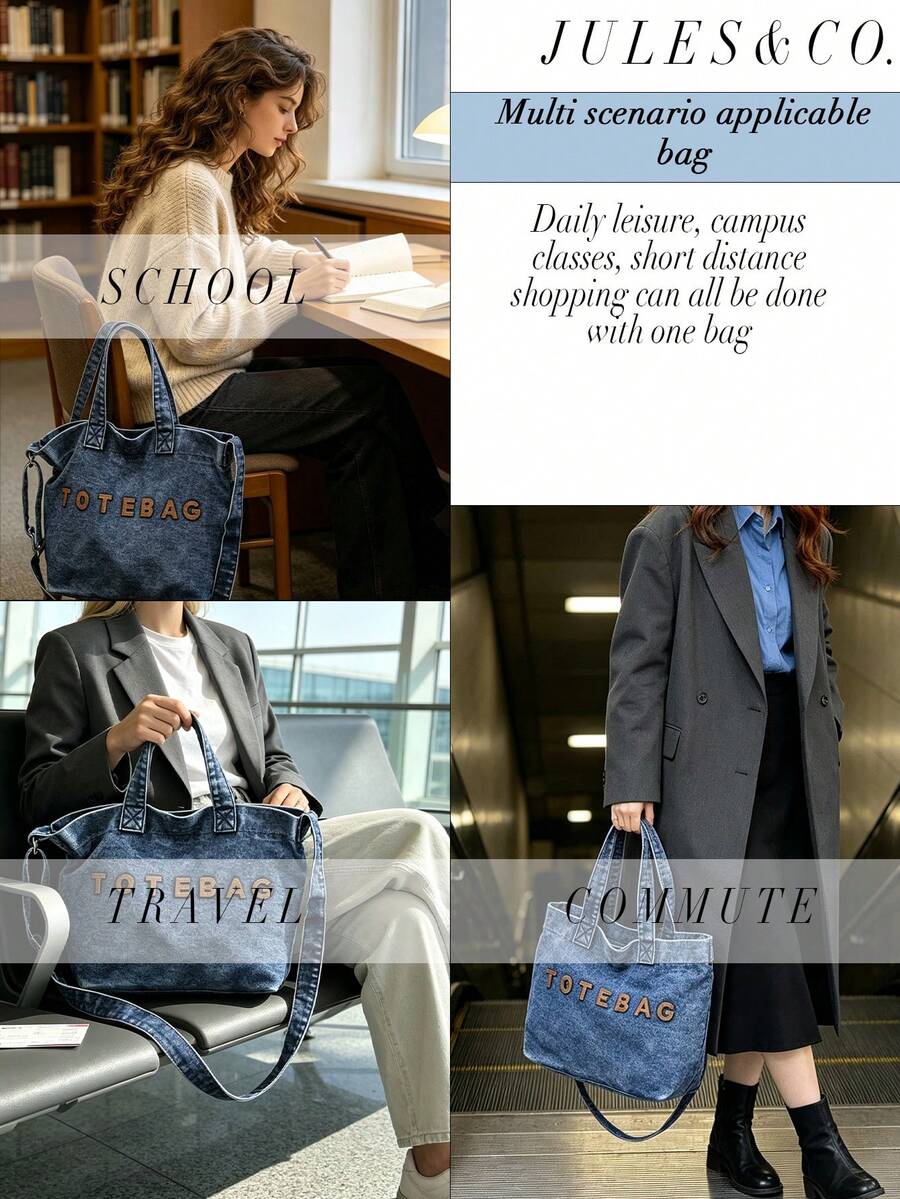 Casual Chic Washed Denim Tote Bag Fashionable Handbag For Women Large Capacity Shoulder Bag Perfect For Work Commute Shopping Travel And School