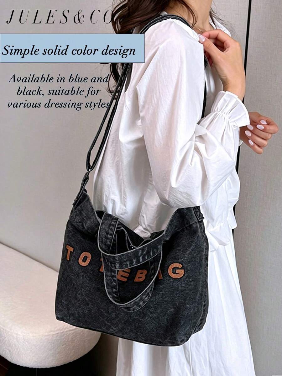 Casual Chic Washed Denim Tote Bag Fashionable Handbag For Women Large Capacity Shoulder Bag Perfect For Work Commute Shopping Travel And School