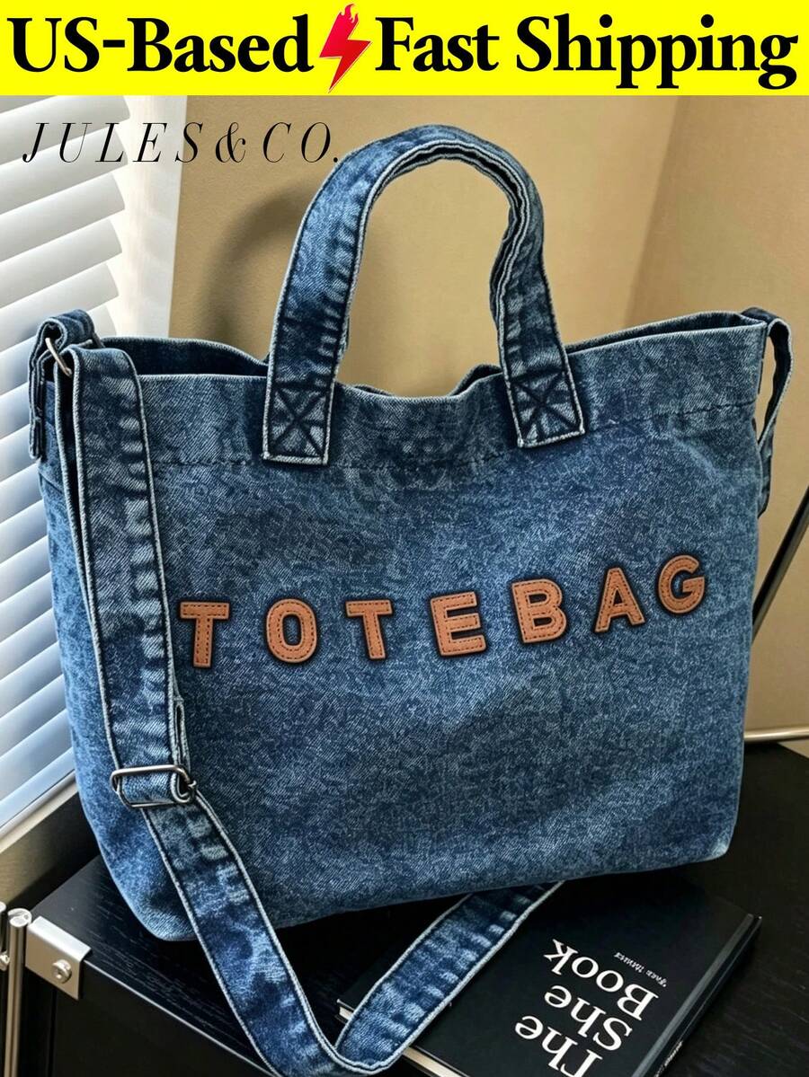 Casual Chic Washed Denim Tote Bag Fashionable Handbag For Women Large Capacity Shoulder Bag Perfect For Work Commute Shopping Travel And School