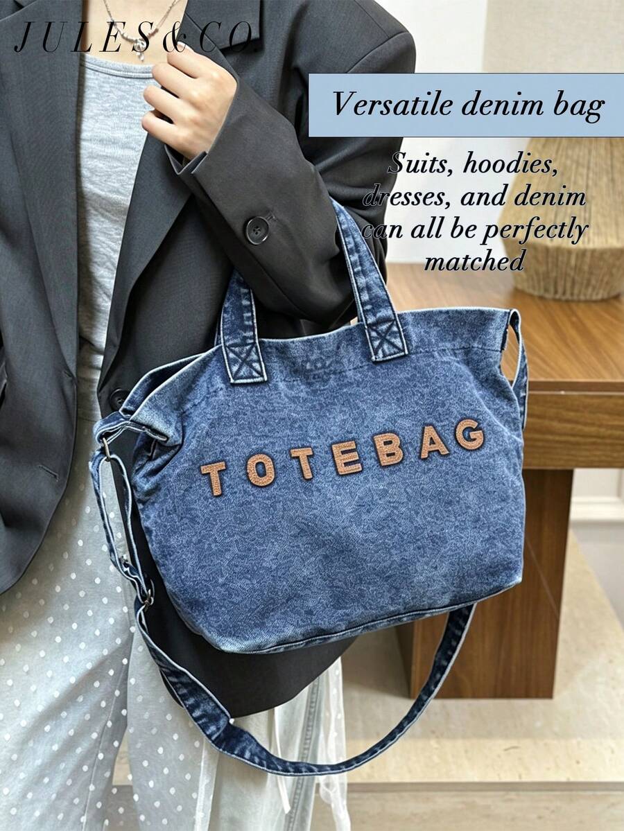 Casual Chic Washed Denim Tote Bag Fashionable Handbag For Women Large Capacity Shoulder Bag Perfect For Work Commute Shopping Travel And School
