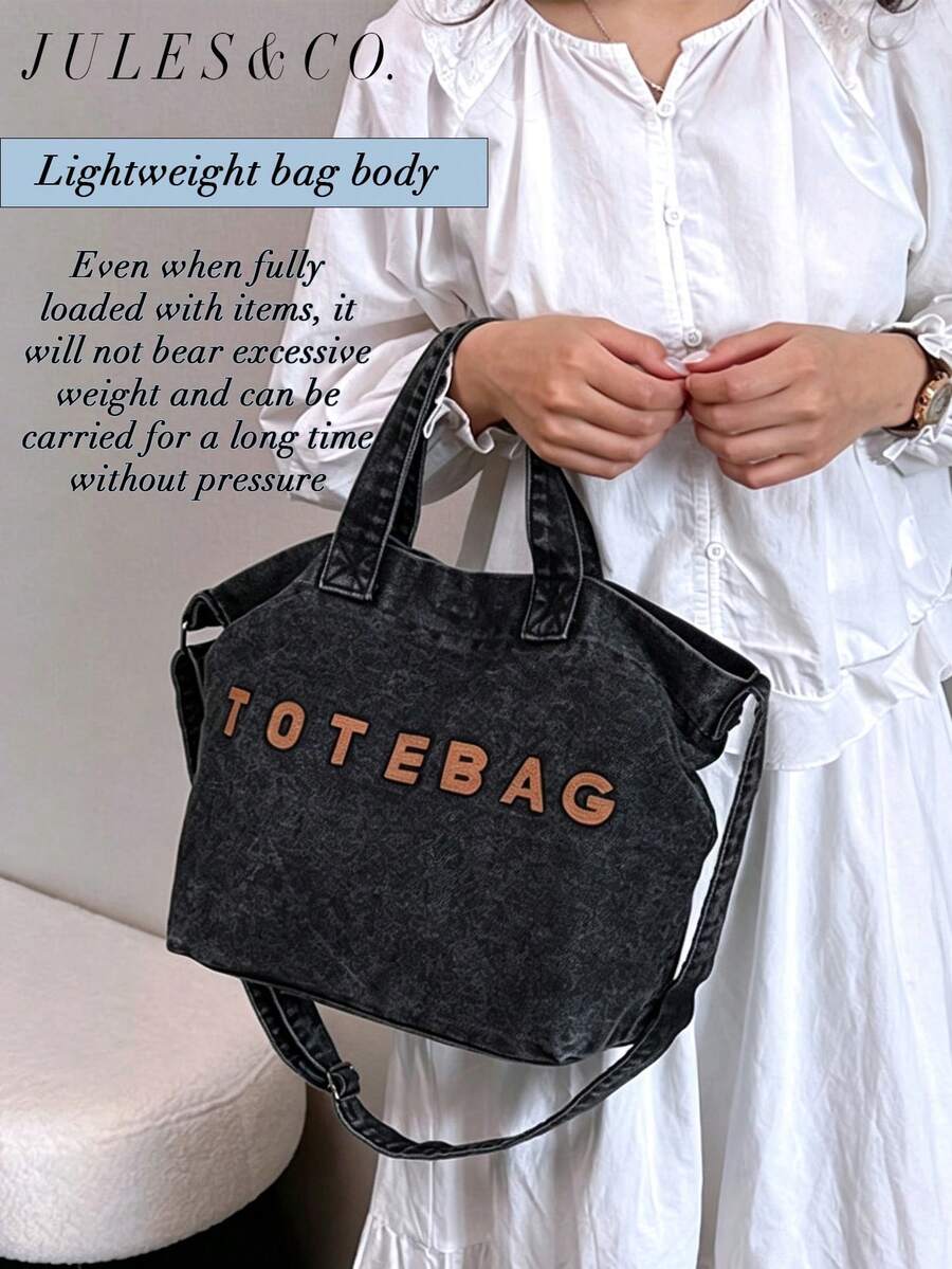 Casual Chic Washed Denim Tote Bag Fashionable Handbag For Women Large Capacity Shoulder Bag Perfect For Work Commute Shopping Travel And School