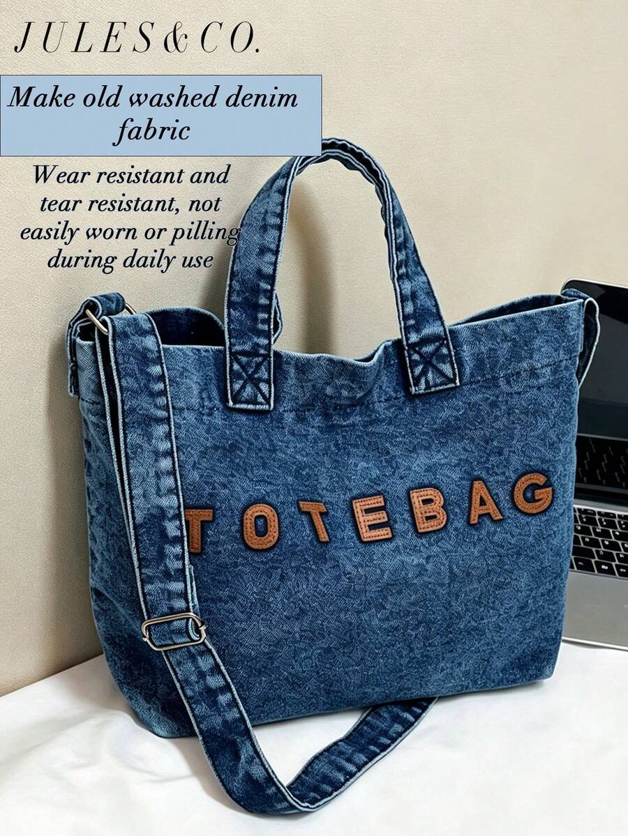 Casual Chic Washed Denim Tote Bag Fashionable Handbag For Women Large Capacity Shoulder Bag Perfect For Work Commute Shopping Travel And School