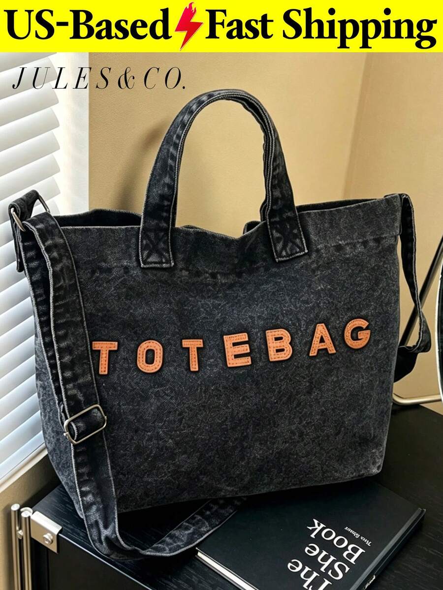 Casual Chic Washed Denim Tote Bag Fashionable Handbag For Women Large Capacity Shoulder Bag Perfect For Work Commute Shopping Travel And School