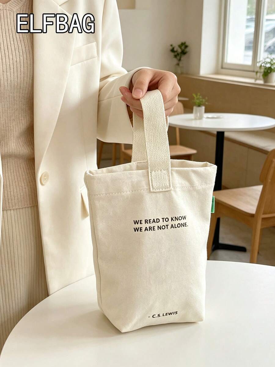Fashionable Minimalist Women Handbag, Casual Canvas Small Tote Bag, Lightweight Foldable Square Bag, Beige Letter Print Design, Fits Keys, Water Bottle, Phone And Personal Items, Suitable For Outings