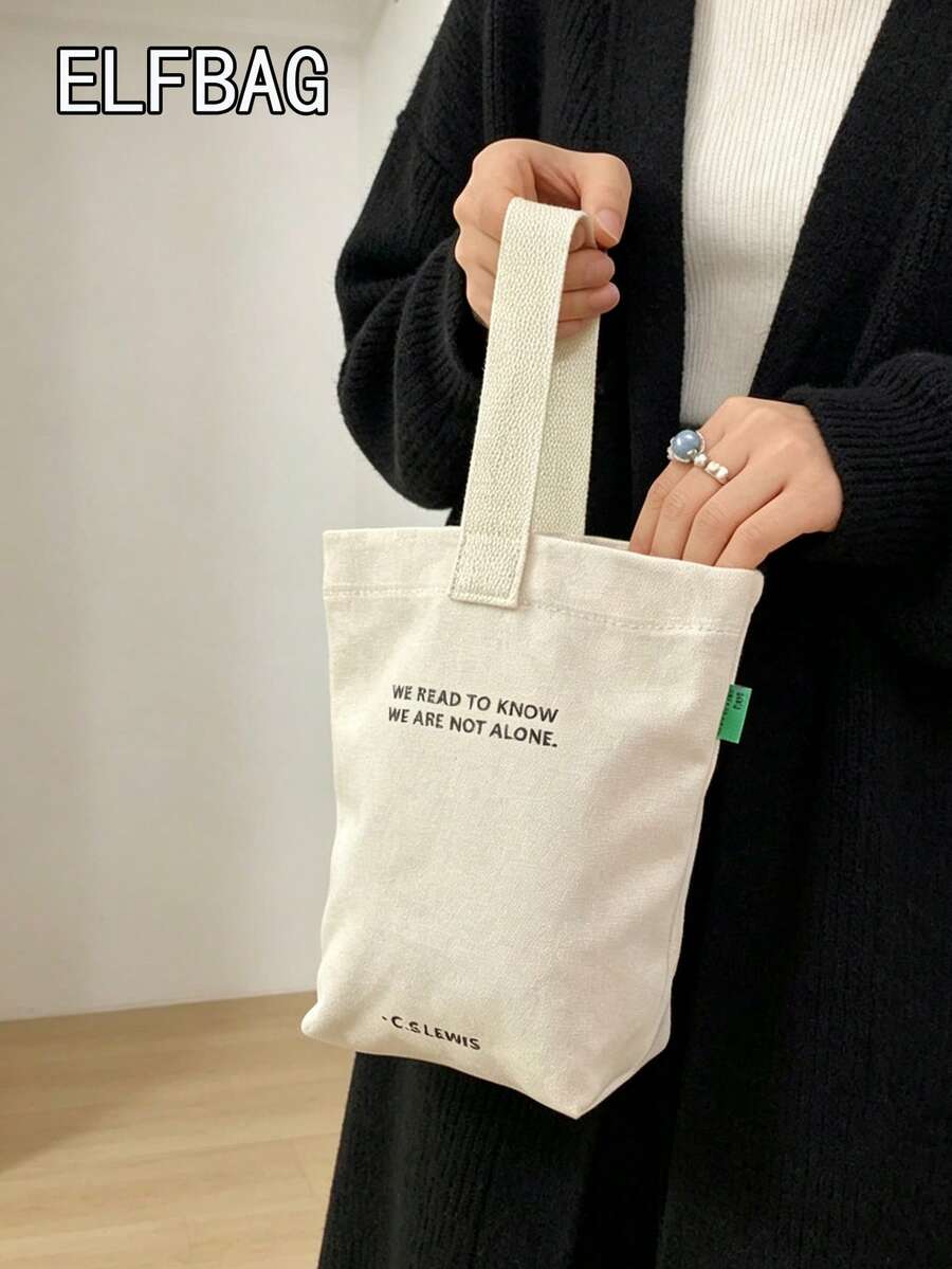 Fashionable Minimalist Women Handbag, Casual Canvas Small Tote Bag, Lightweight Foldable Square Bag, Beige Letter Print Design, Fits Keys, Water Bottle, Phone And Personal Items, Suitable For Outings