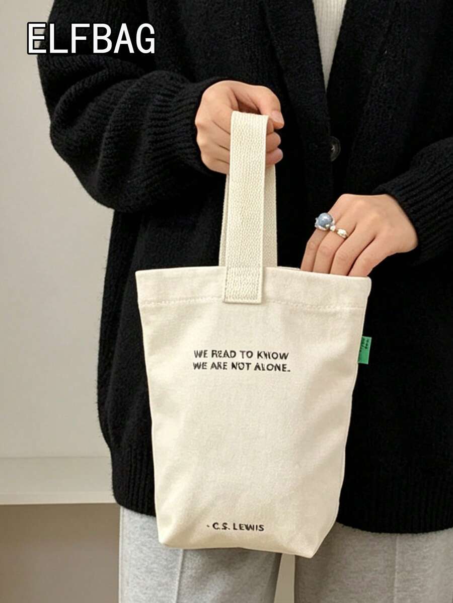 Fashionable Minimalist Women Handbag, Casual Canvas Small Tote Bag, Lightweight Foldable Square Bag, Beige Letter Print Design, Fits Keys, Water Bottle, Phone And Personal Items, Suitable For Outings