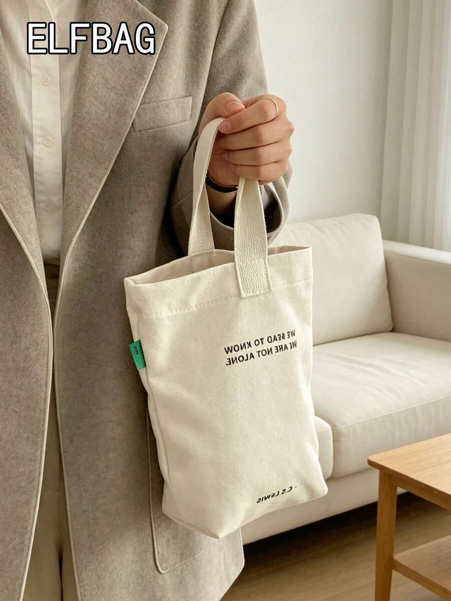Fashionable Minimalist Women Handbag, Casual Canvas Small Tote Bag, Lightweight Foldable Square Bag, Beige Letter Print Design, Fits Keys, Water Bottle, Phone And Personal Items, Suitable For Outings