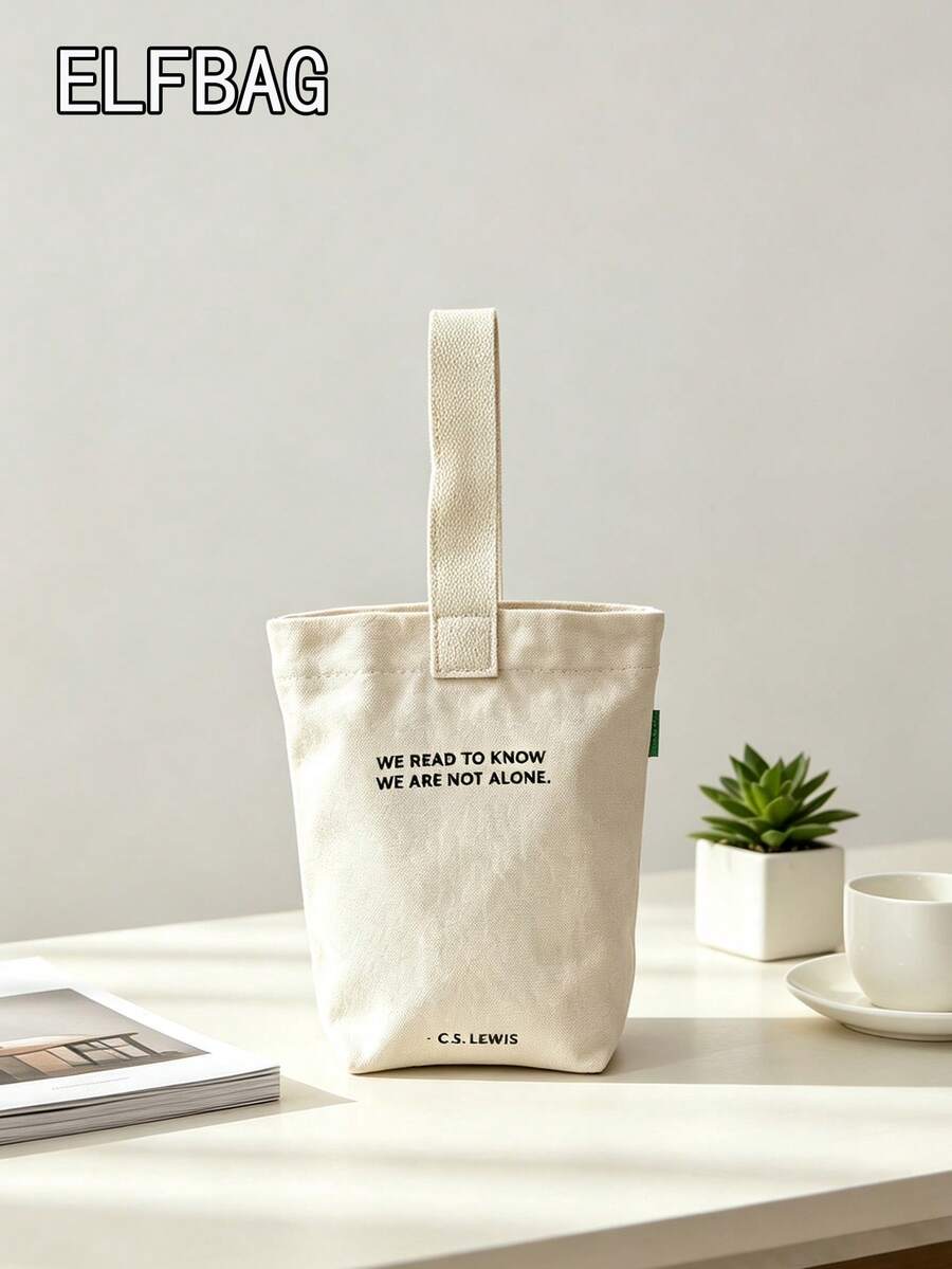 Fashionable Minimalist Women Handbag, Casual Canvas Small Tote Bag, Lightweight Foldable Square Bag, Beige Letter Print Design, Fits Keys, Water Bottle, Phone And Personal Items, Suitable For Outings