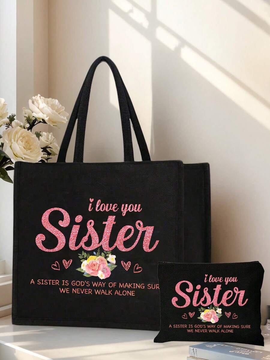 "I Love You, Sister" Black Linen Tote Bag With Matching Makeup Pouch, Minimalist Jesus Letter Print Inspirational Linen Handbag, Pink Letter Floral Print Reusable Linen Shopping Bag| Lightweight Fold