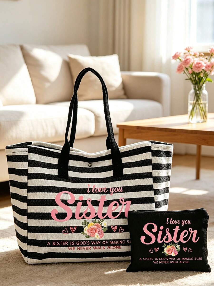 "I Love You, Sister" Letter & Floral Print Black & White Striped Tote Bag, Women's Striped Beach Bag, Portable Tote Bag With Matching Zippered Cosmetic Bag, Large Capacity Women's Shoulder Bag, Casual