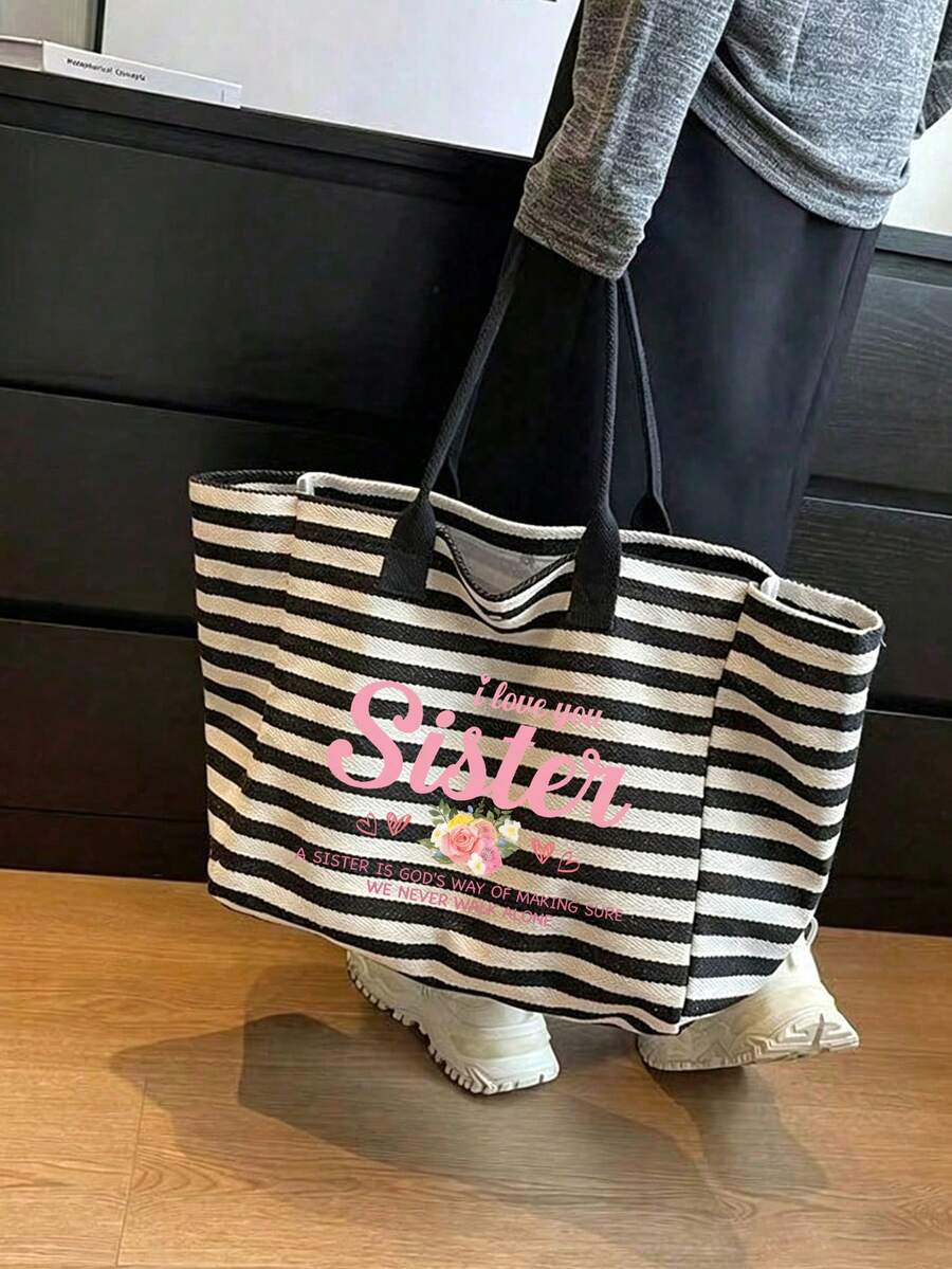 "I Love You, Sister" Letter & Floral Print Black & White Striped Tote Bag, Women's Striped Beach Bag, Portable Tote Bag With Matching Zippered Cosmetic Bag, Large Capacity Women's Shoulder Bag, Casual