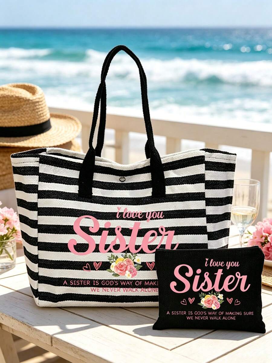 "I Love You, Sister" Letter & Floral Print Black & White Striped Tote Bag, Women's Striped Beach Bag, Portable Tote Bag With Matching Zippered Cosmetic Bag, Large Capacity Women's Shoulder Bag, Casual