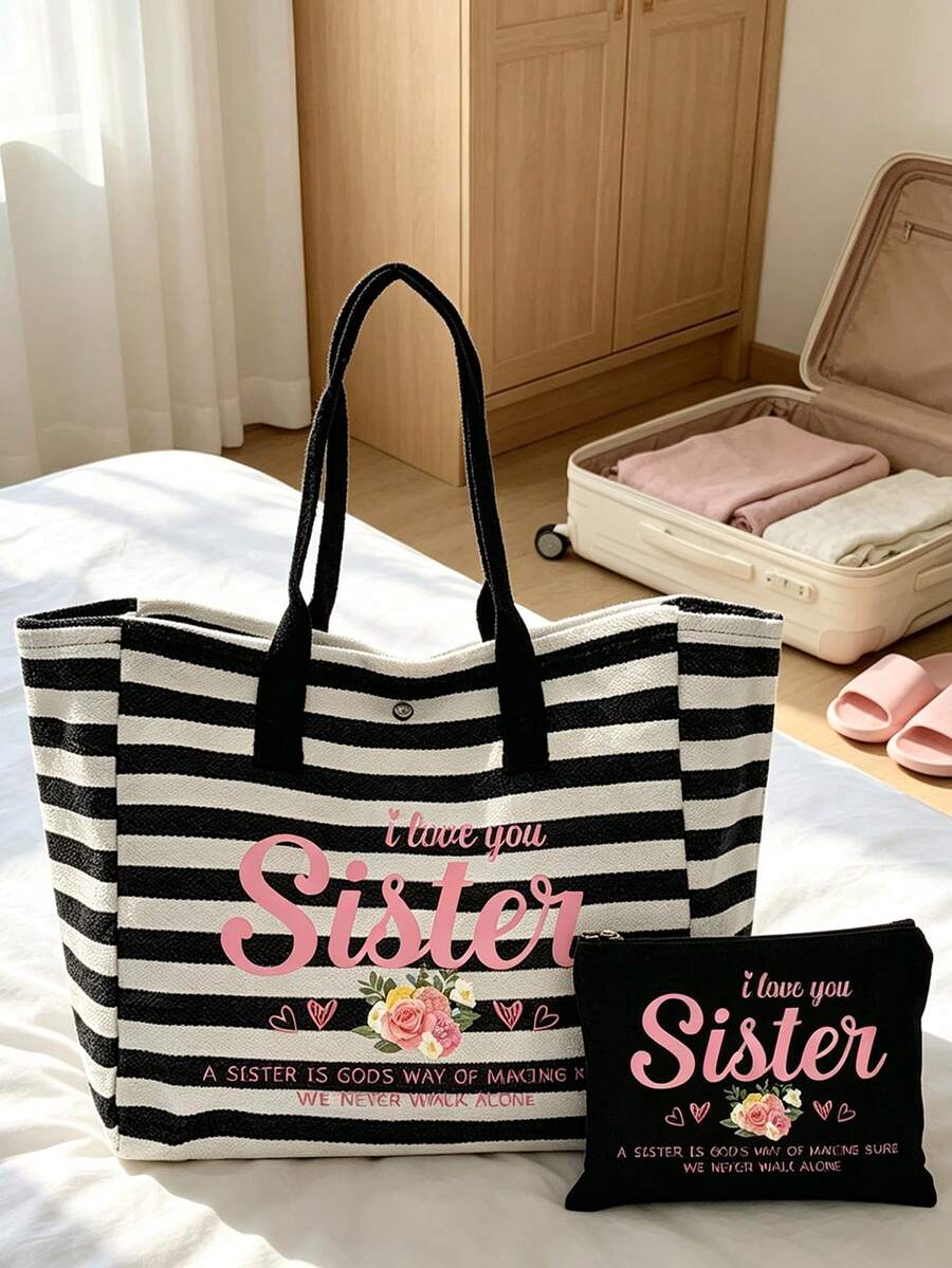 "I Love You, Sister" Letter & Floral Print Black & White Striped Tote Bag, Women's Striped Beach Bag, Portable Tote Bag With Matching Zippered Cosmetic Bag, Large Capacity Women's Shoulder Bag, Casual