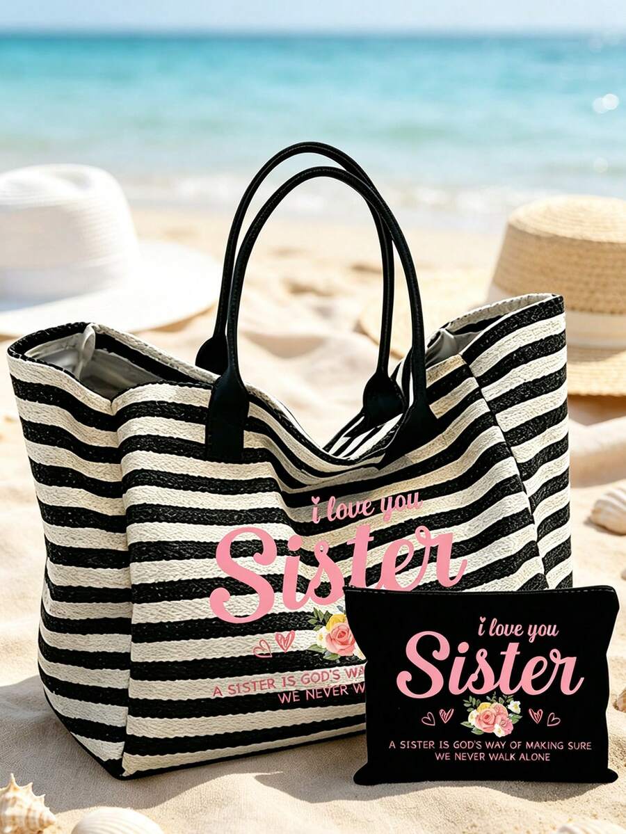 "I Love You, Sister" Letter & Floral Print Black & White Striped Tote Bag, Women's Striped Beach Bag, Portable Tote Bag With Matching Zippered Cosmetic Bag, Large Capacity Women's Shoulder Bag, Casual
