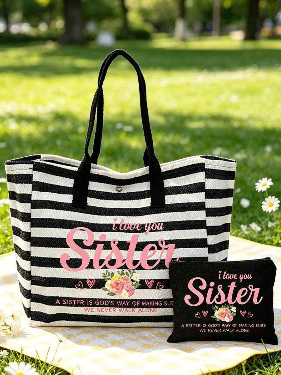 "I Love You, Sister" Letter & Floral Print Black & White Striped Tote Bag, Women's Striped Beach Bag, Portable Tote Bag With Matching Zippered Cosmetic Bag, Large Capacity Women's Shoulder Bag, Casual