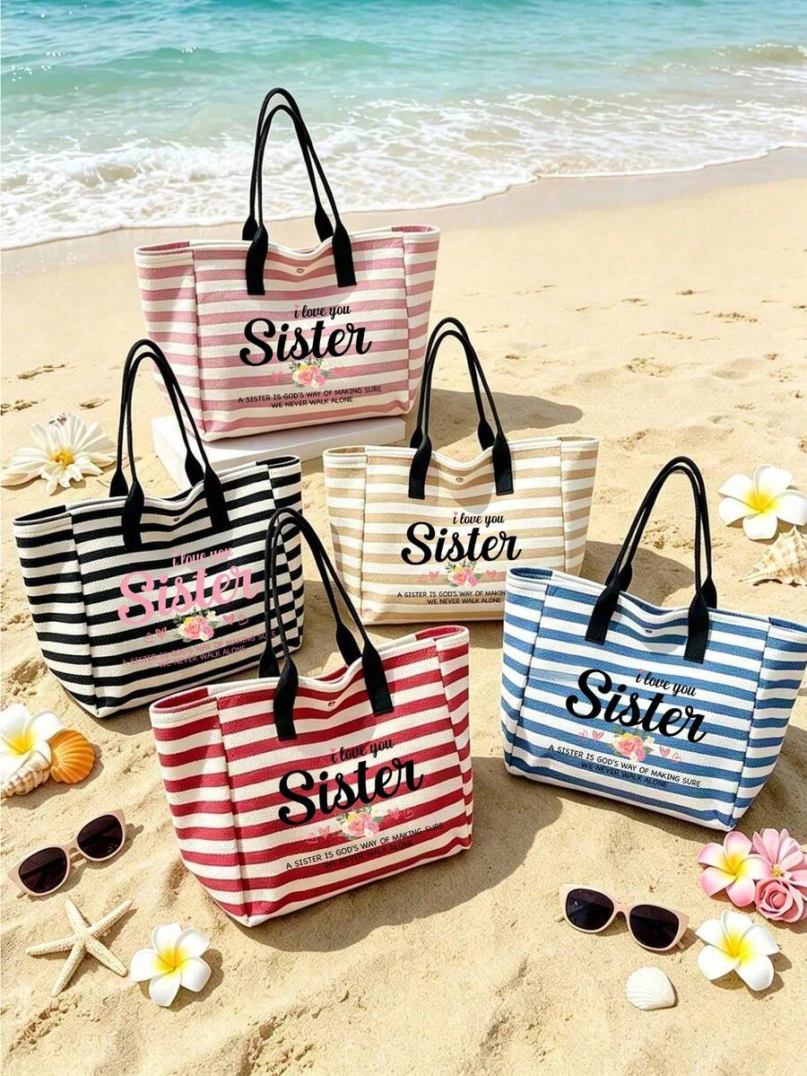 "I Love You, Sister" Letter & Floral Print Black & White Striped Tote Bag, Women's Striped Beach Bag, Portable Tote Bag With Matching Zippered Cosmetic Bag, Large Capacity Women's Shoulder Bag, Casual