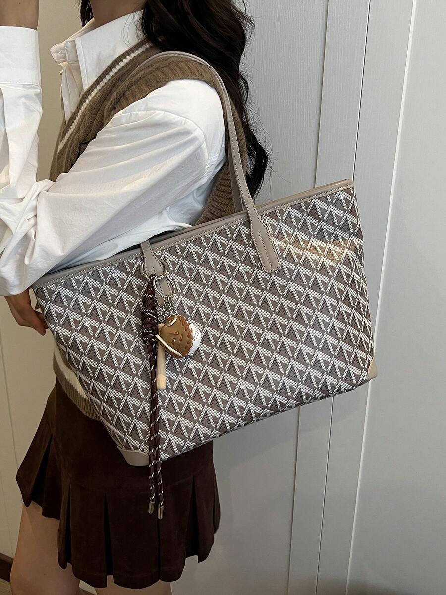 SHIMEINI 1pc New Popular Women's Large Capacity Commuter Niche Design Shoulder Bag Casual Versatile Minimalist Fashion Handbag Comfortable Fabric PU Texture Color Block Rhombus Design Zipper Closure C