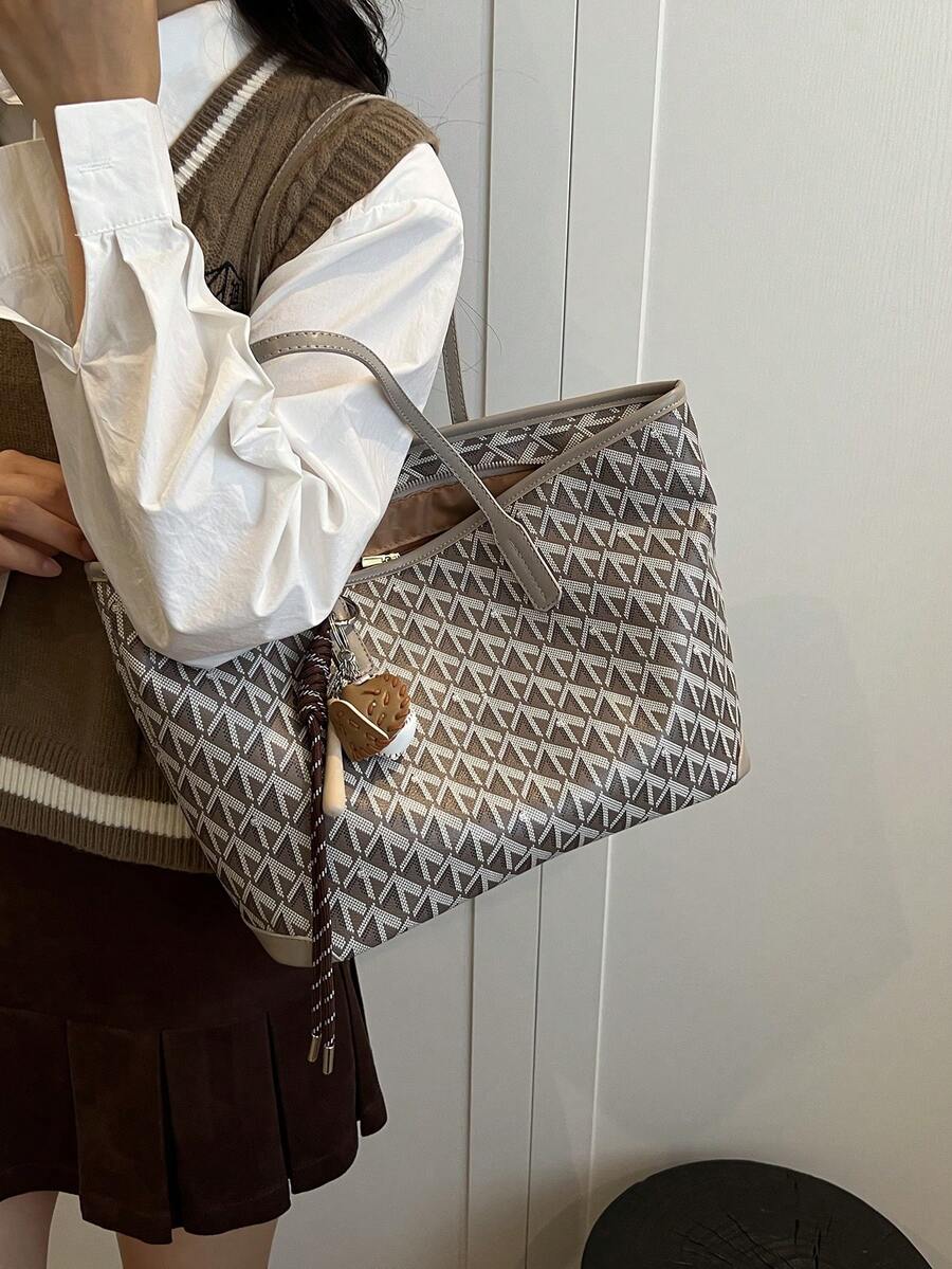 SHIMEINI 1pc New Popular Women's Large Capacity Commuter Niche Design Shoulder Bag Casual Versatile Minimalist Fashion Handbag Comfortable Fabric PU Texture Color Block Rhombus Design Zipper Closure C