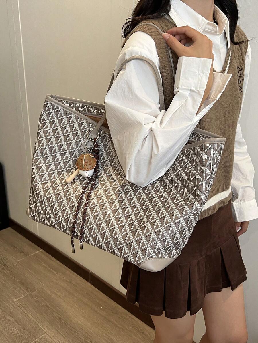 SHIMEINI 1pc New Popular Women's Large Capacity Commuter Niche Design Shoulder Bag Casual Versatile Minimalist Fashion Handbag Comfortable Fabric PU Texture Color Block Rhombus Design Zipper Closure C