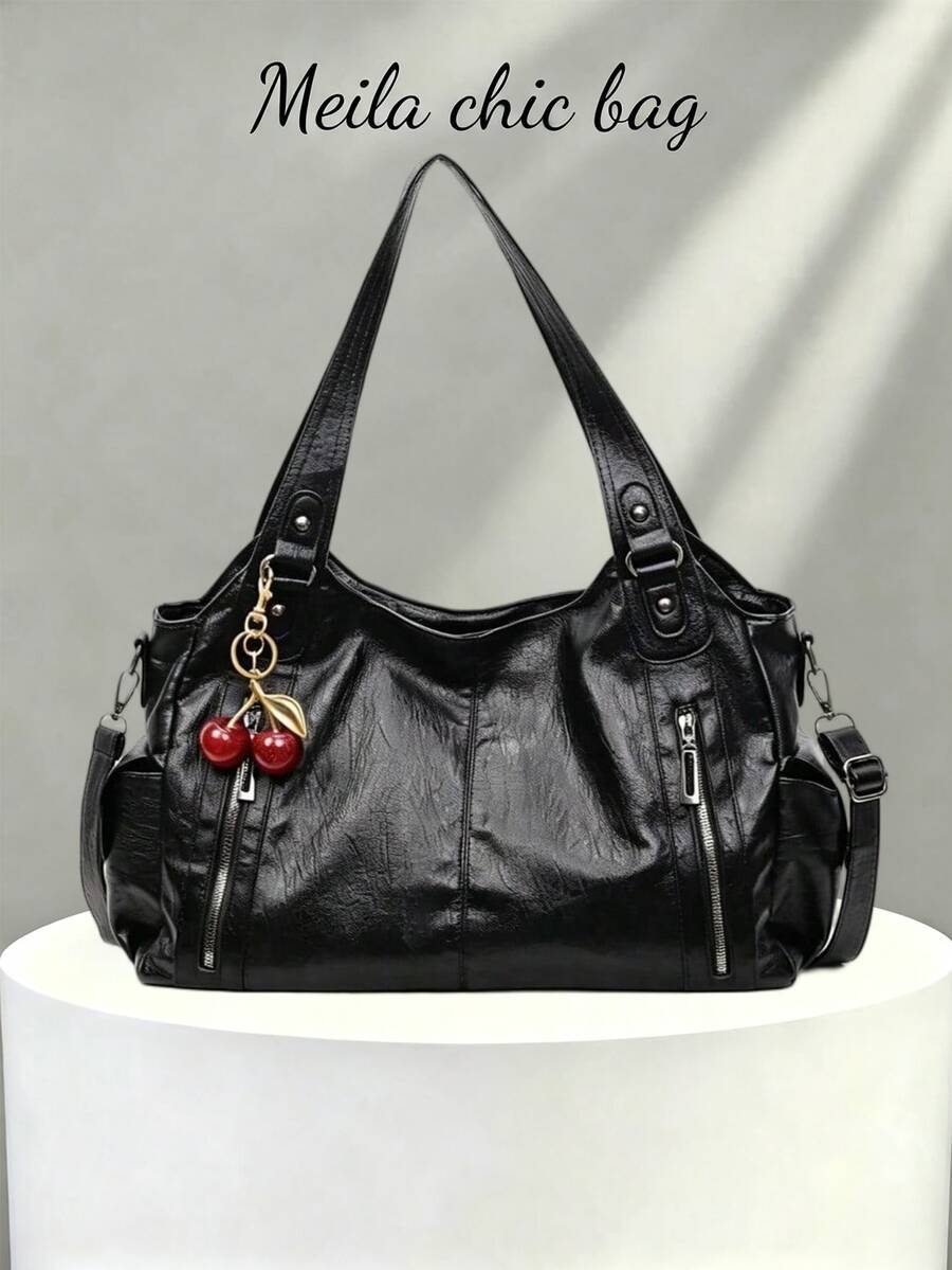 This Classic And Fashionable New Multi-Functional Solid Color Shoulder Bag Is Designed With A Large Capacity Vintage PU Material, Decorated With A Cherry Pendant, And Equipped With A Zipper, Making It