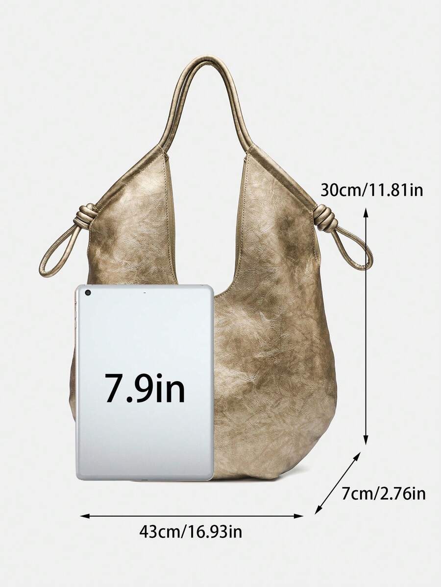 Gold PU Leather Korean French Casual Minimalist Style Large Capacity Handbag, Vintage Slouchy Drawstring Shoulder Bag, Multi-Functional Premium Commuter Pleated Shopping Bag, Suitable For Girls, Stude