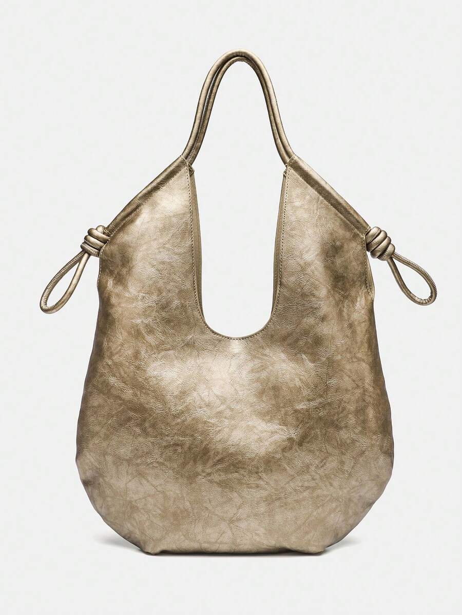 Gold PU Leather Korean French Casual Minimalist Style Large Capacity Handbag, Vintage Slouchy Drawstring Shoulder Bag, Multi-Functional Premium Commuter Pleated Shopping Bag, Suitable For Girls, Stude
