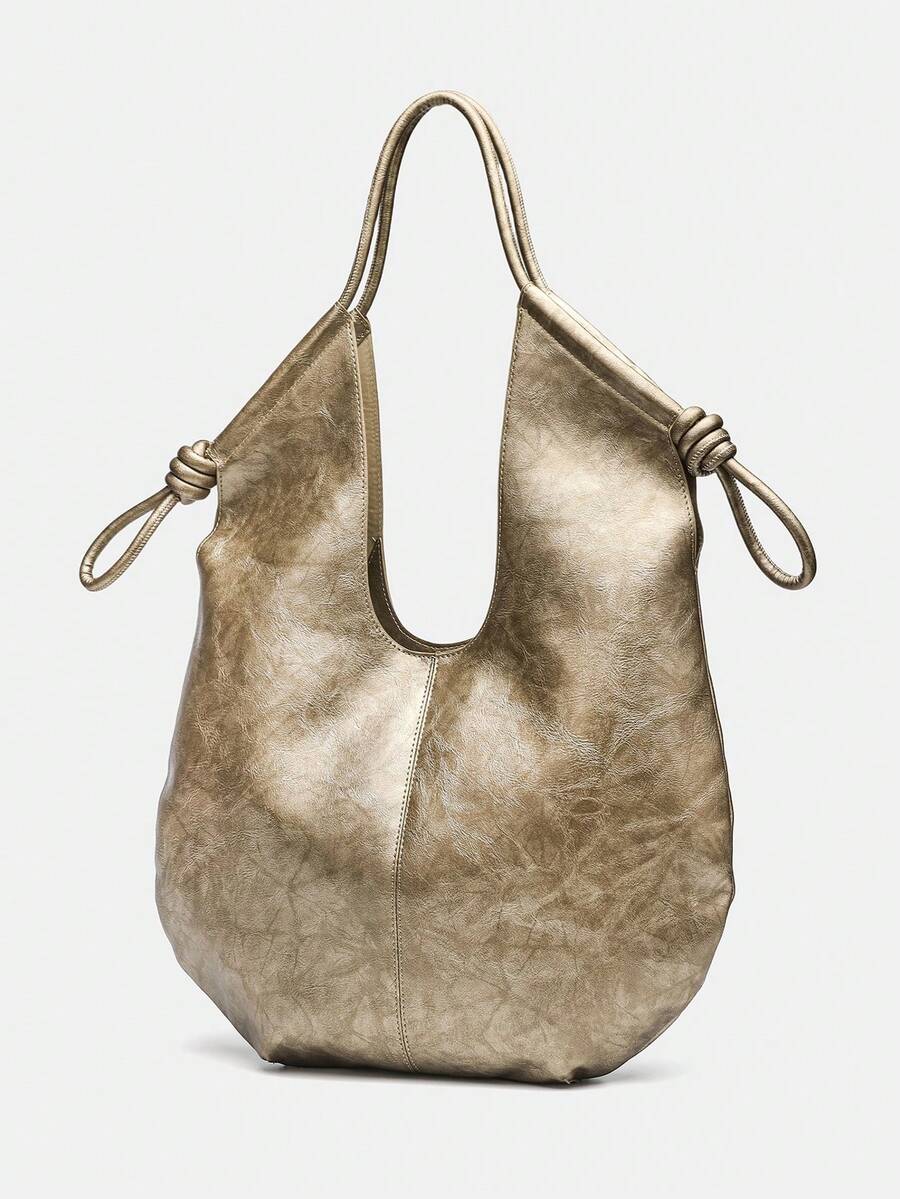 Gold PU Leather Korean French Casual Minimalist Style Large Capacity Handbag, Vintage Slouchy Drawstring Shoulder Bag, Multi-Functional Premium Commuter Pleated Shopping Bag, Suitable For Girls, Stude
