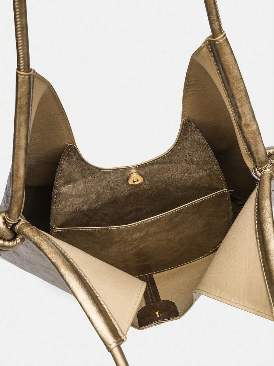 Gold PU Leather Korean French Casual Minimalist Style Large Capacity Handbag, Vintage Slouchy Drawstring Shoulder Bag, Multi-Functional Premium Commuter Pleated Shopping Bag, Suitable For Girls, Stude