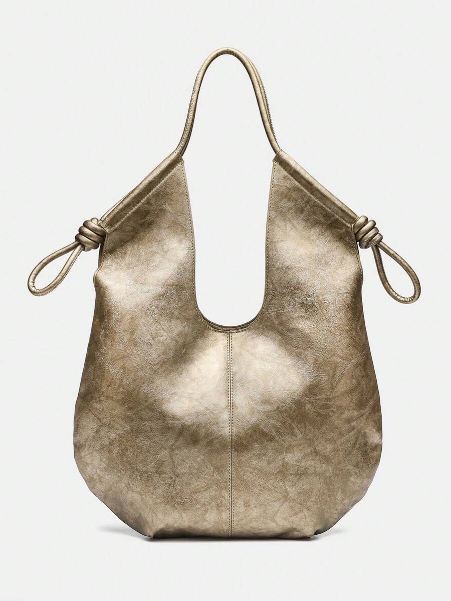 Gold PU Leather Korean French Casual Minimalist Style Large Capacity Handbag, Vintage Slouchy Drawstring Shoulder Bag, Multi-Functional Premium Commuter Pleated Shopping Bag, Suitable For Girls, Stude