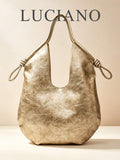 Gold PU Leather Korean French Casual Minimalist Style Large Capacity Handbag, Vintage Slouchy Drawstring Shoulder Bag, Multi-Functional Premium Commuter Pleated Shopping Bag, Suitable For Girls, Stude