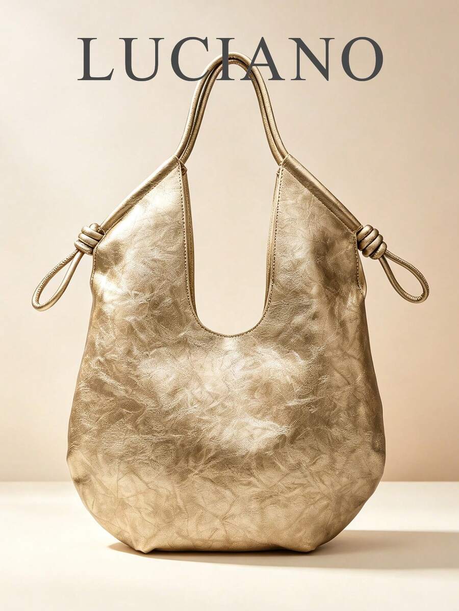 Gold PU Leather Korean French Casual Minimalist Style Large Capacity Handbag, Vintage Slouchy Drawstring Shoulder Bag, Multi-Functional Premium Commuter Pleated Shopping Bag, Suitable For Girls, Stude