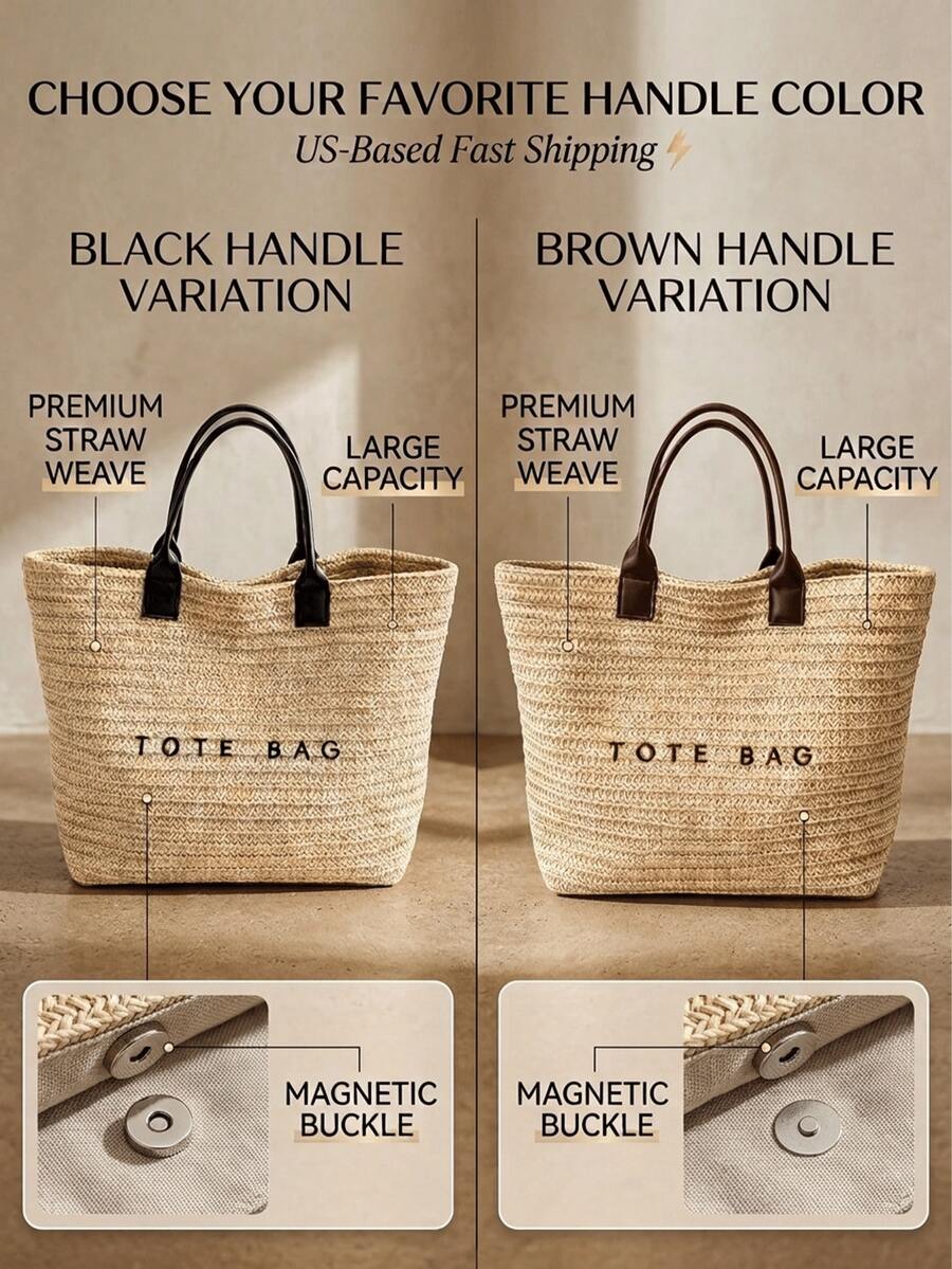 Large Summer Straw Beach Bag Tote Bag For Women Woven Handbag Brown Purse With Letter Decor Beach Essentials For Travel Cruise Vacation Holiday