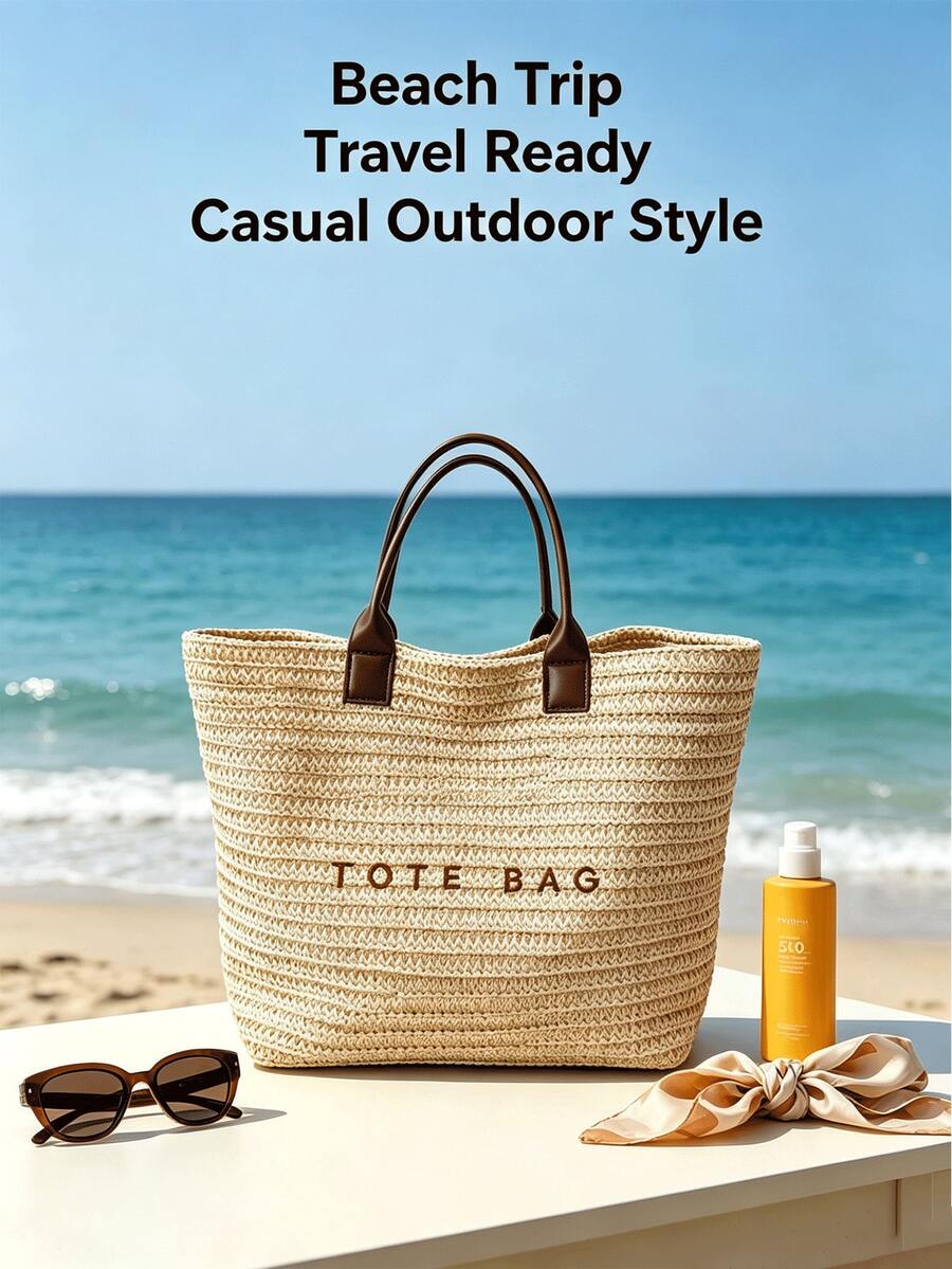 Large Summer Straw Beach Bag Tote Bag For Women Woven Handbag Brown Purse With Letter Decor Beach Essentials For Travel Cruise Vacation Holiday