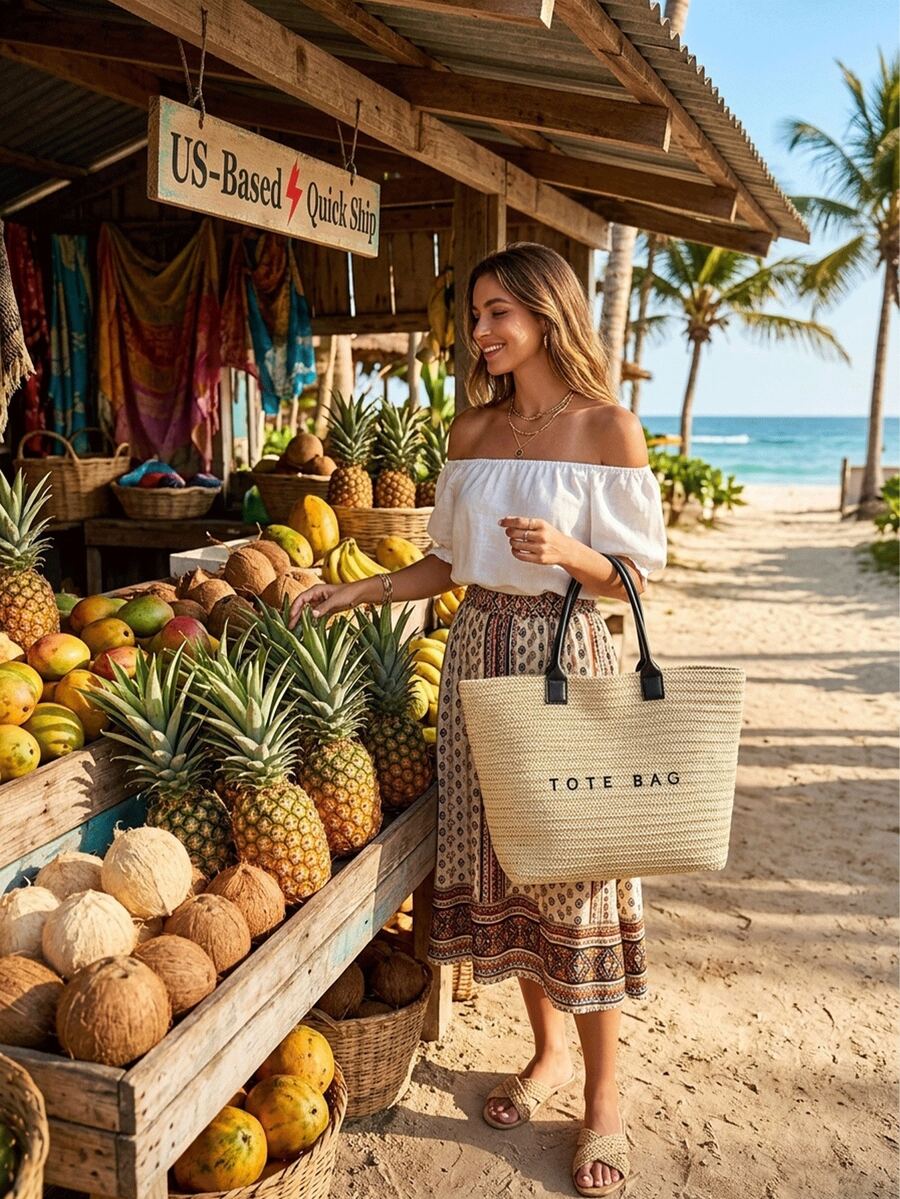 Large Summer Straw Beach Bag Tote Bag For Women Woven Handbag Brown Purse With Letter Decor Beach Essentials For Travel Cruise Vacation Holiday