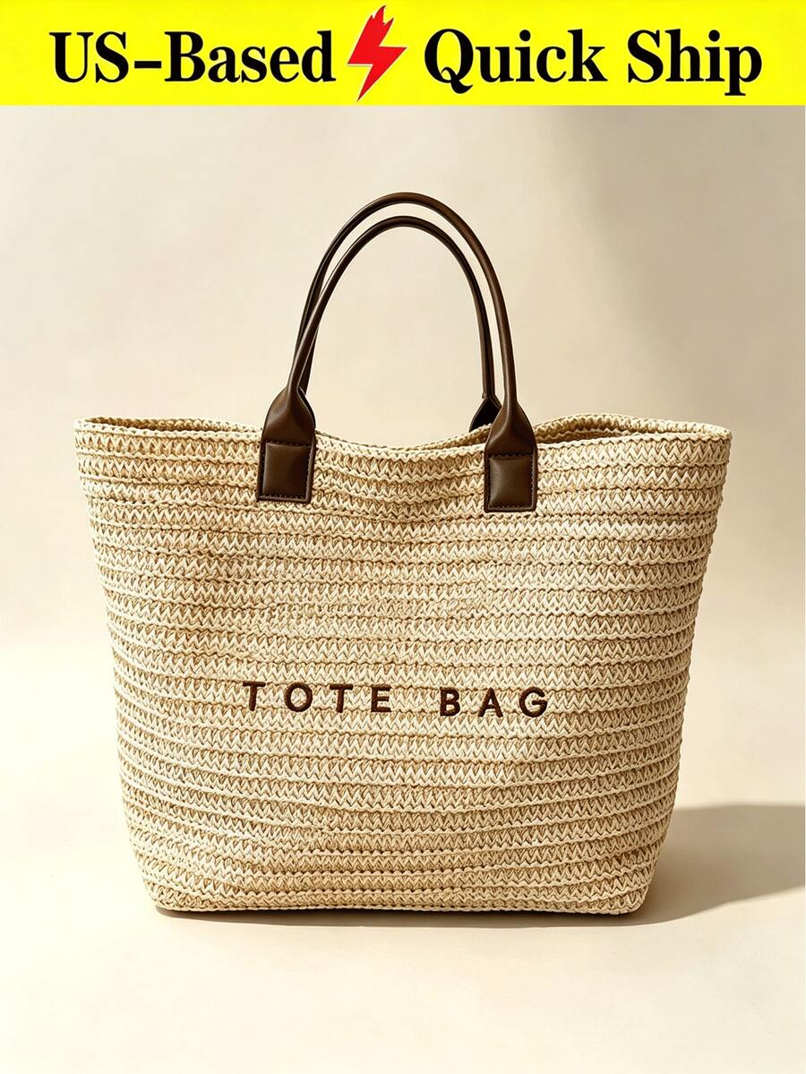 Large Summer Straw Beach Bag Tote Bag For Women Woven Handbag Brown Purse With Letter Decor Beach Essentials For Travel Cruise Vacation Holiday