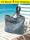 Women's Vintage Blue Washed Denim Tote Bag Large Capacity Shoulder Handbag With