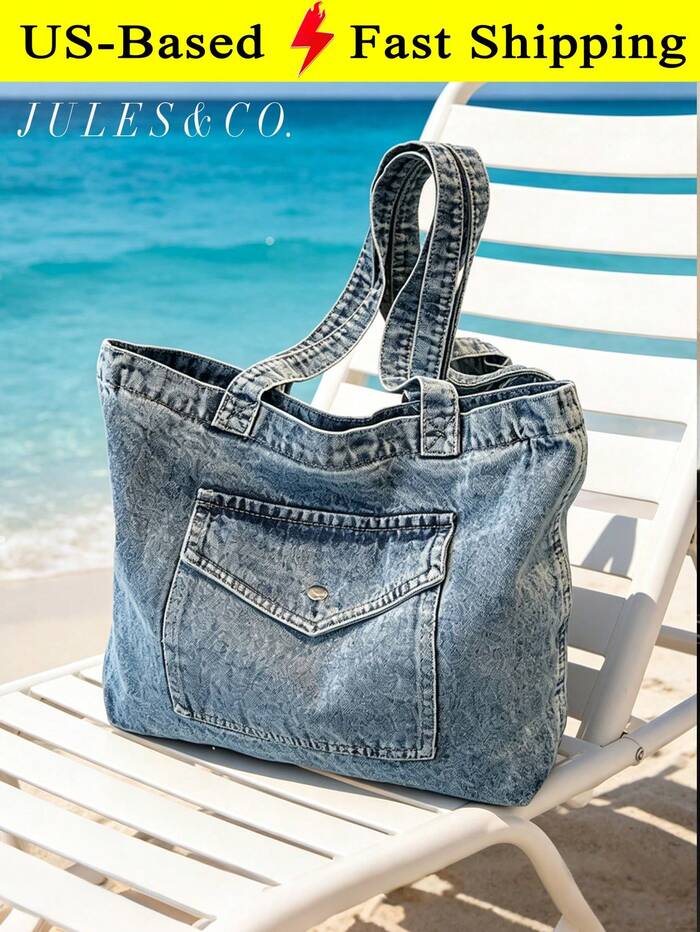 Women's Vintage Blue Washed Denim Tote Bag Large Capacity Shoulder Handbag With
